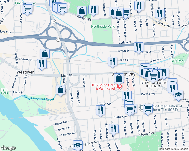 map of restaurants, bars, coffee shops, grocery stores, and more near 440 Main Street in Johnson City