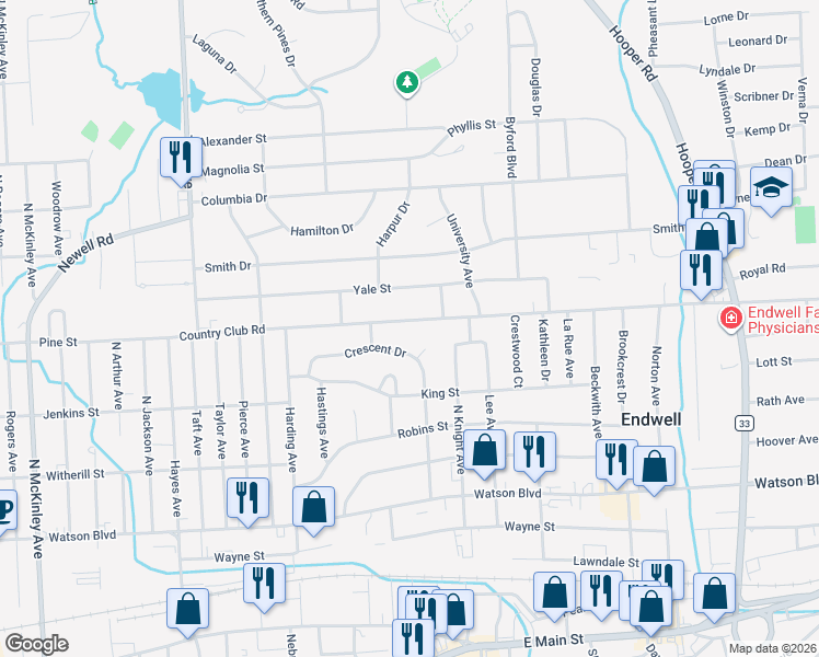 map of restaurants, bars, coffee shops, grocery stores, and more near 2820 Country Club Rd in Endicott