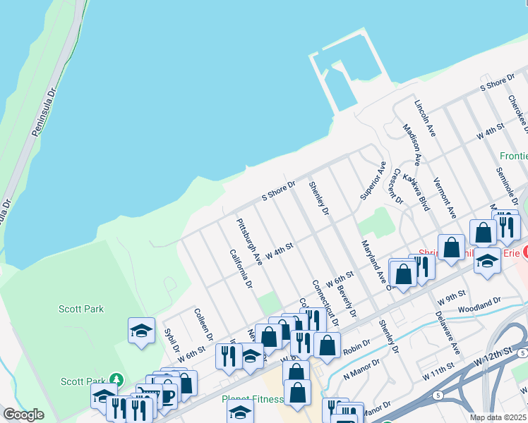 map of restaurants, bars, coffee shops, grocery stores, and more near 217 Colorado Drive in Erie