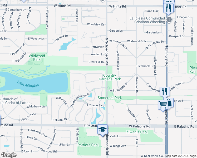 map of restaurants, bars, coffee shops, grocery stores, and more near 2870 East Country Lake Road in Arlington Heights