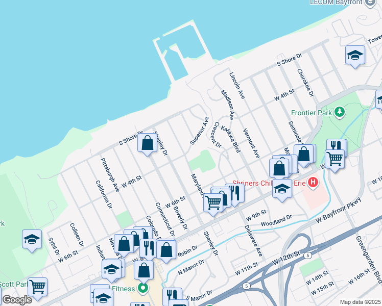 map of restaurants, bars, coffee shops, grocery stores, and more near 431 Superior Avenue in Erie