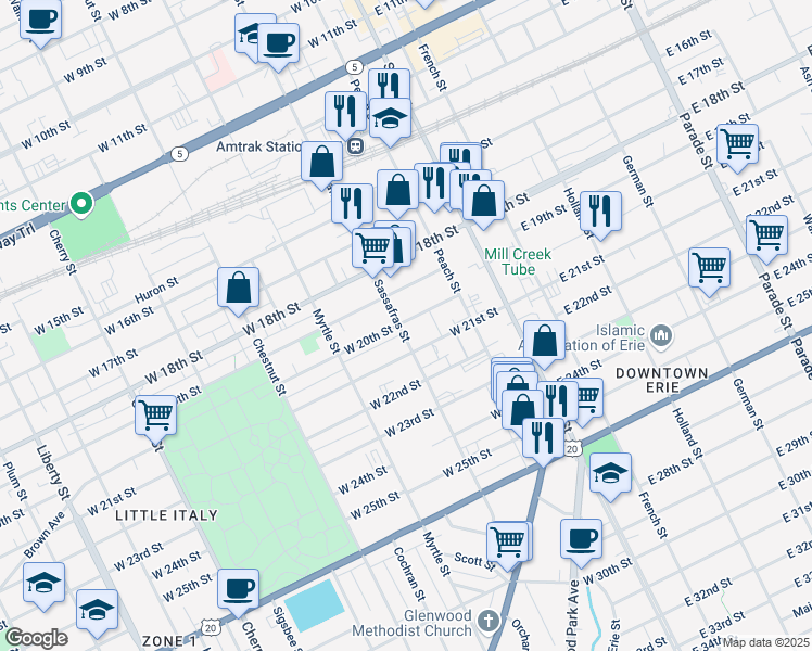 map of restaurants, bars, coffee shops, grocery stores, and more near 2001 Sassafras Street in Erie