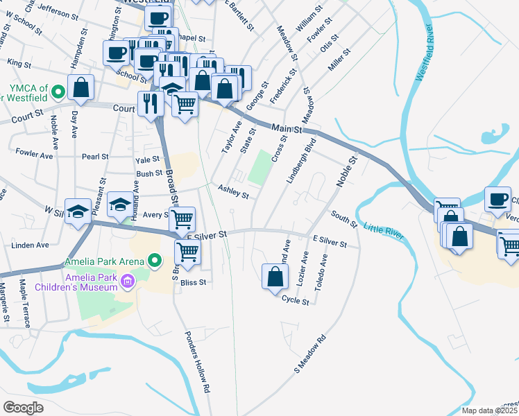 map of restaurants, bars, coffee shops, grocery stores, and more near 38 Cross Street in Westfield