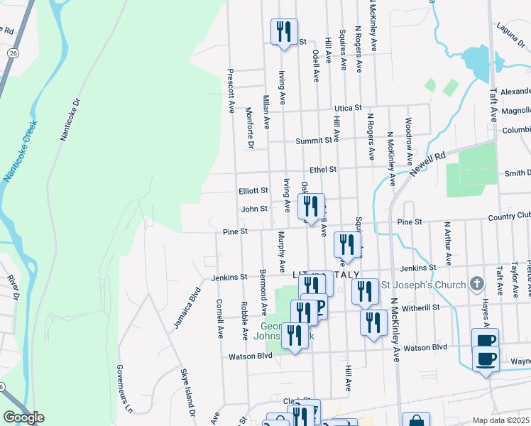 map of restaurants, bars, coffee shops, grocery stores, and more near 409 Milan Ave in Endicott