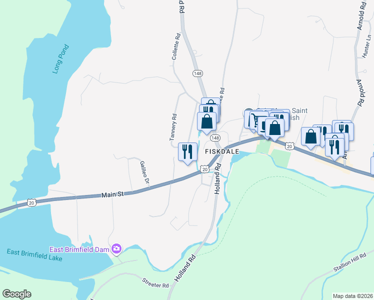 map of restaurants, bars, coffee shops, grocery stores, and more near 15 Tannery Road in Sturbridge