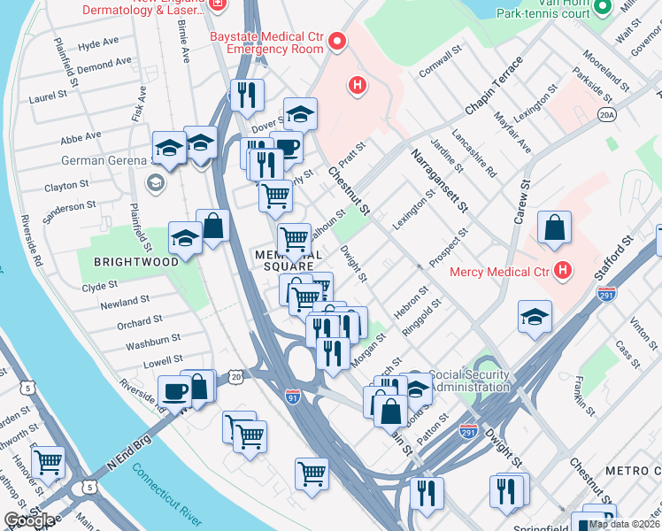 map of restaurants, bars, coffee shops, grocery stores, and more near 47 Jefferson Avenue in Springfield
