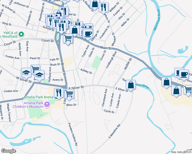 map of restaurants, bars, coffee shops, grocery stores, and more near 38 Cross Street in Westfield