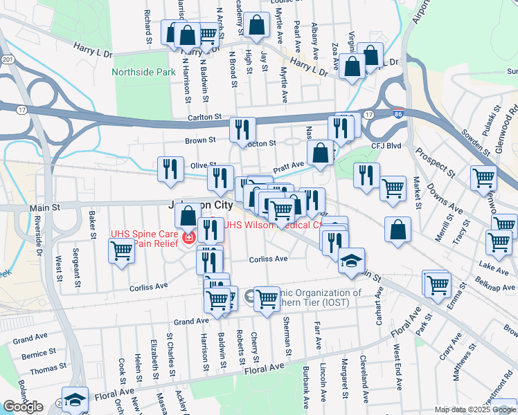 map of restaurants, bars, coffee shops, grocery stores, and more near 255 Main Street in Johnson City