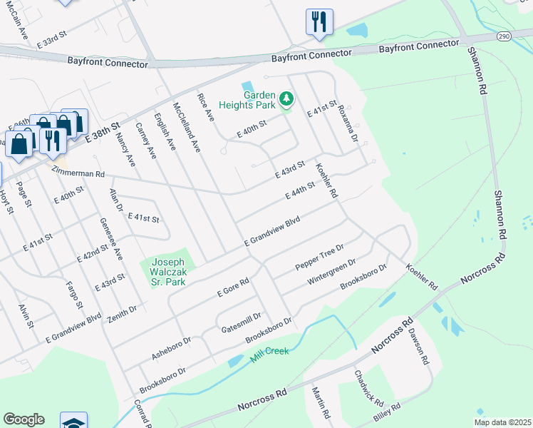 map of restaurants, bars, coffee shops, grocery stores, and more near 2335 East 44th Street in Erie