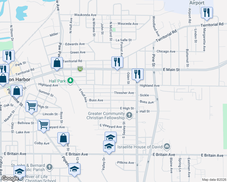 map of restaurants, bars, coffee shops, grocery stores, and more near 123 South McCord Street in Benton Harbor