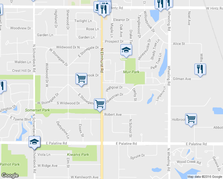 map of restaurants, bars, coffee shops, grocery stores, and more near 745 Highgoal Drive in Wheeling