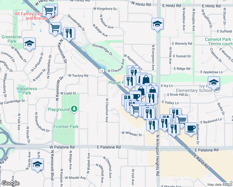 map of restaurants, bars, coffee shops, grocery stores, and more near 155 East Rand Road in Arlington Heights
