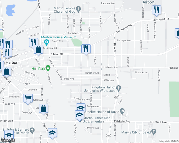 map of restaurants, bars, coffee shops, grocery stores, and more near 811 Thresher Avenue in Benton Harbor