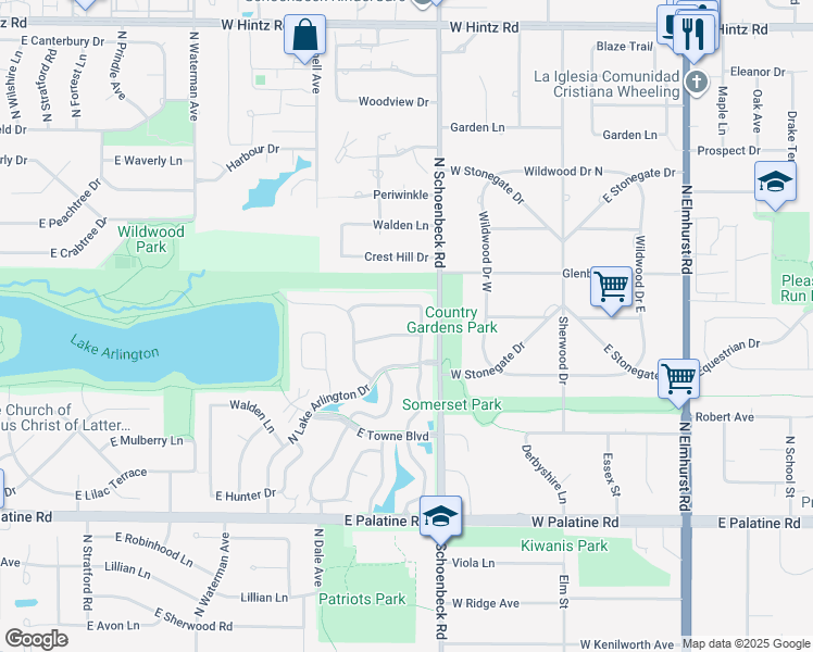 map of restaurants, bars, coffee shops, grocery stores, and more near 2870 East Country Lake Road in Arlington Heights