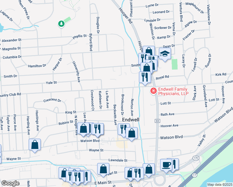 map of restaurants, bars, coffee shops, grocery stores, and more near 414 Beckwith Avenue in Endicott