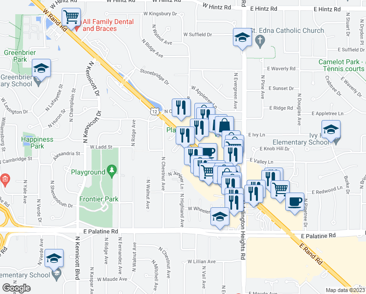 map of restaurants, bars, coffee shops, grocery stores, and more near 199 West Rand Road in Arlington Heights