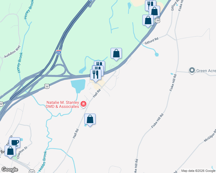map of restaurants, bars, coffee shops, grocery stores, and more near 88 Hall Road in Sturbridge