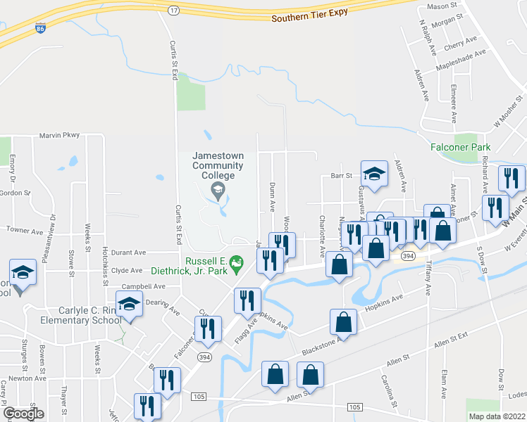 map of restaurants, bars, coffee shops, grocery stores, and more near 154 James Avenue in Jamestown