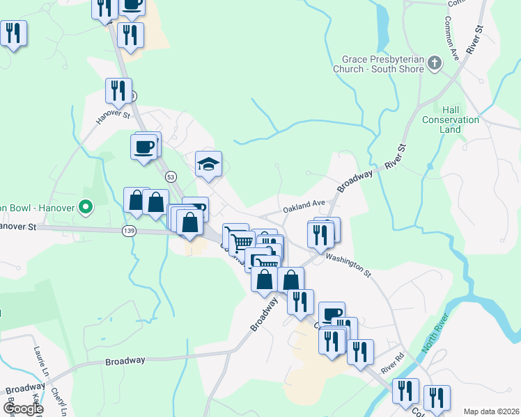 map of restaurants, bars, coffee shops, grocery stores, and more near 2 Oakland Avenue in Hanover