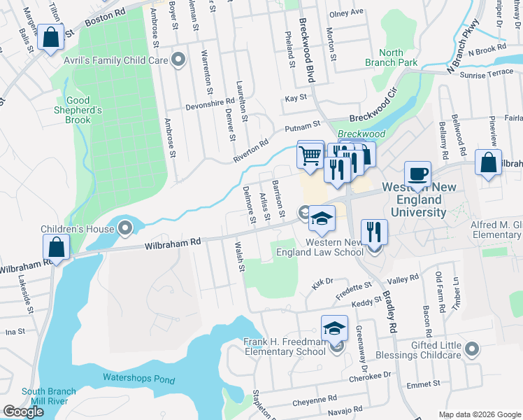 map of restaurants, bars, coffee shops, grocery stores, and more near 28 Arliss Street in Springfield