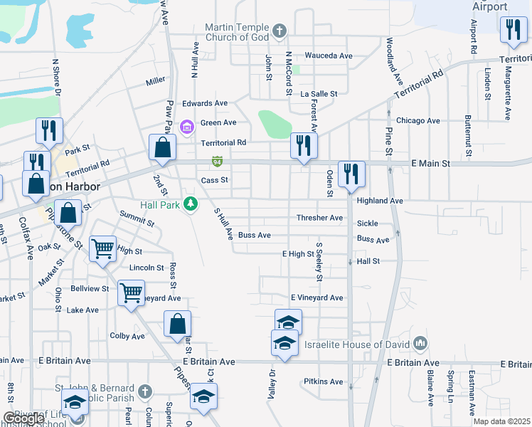 map of restaurants, bars, coffee shops, grocery stores, and more near 689 Thresher Avenue in Benton Harbor