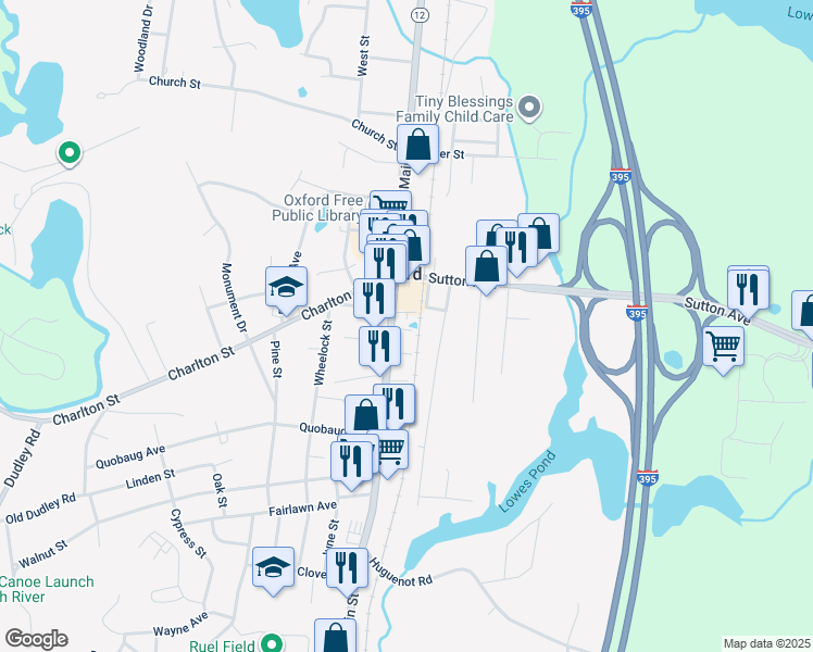 map of restaurants, bars, coffee shops, grocery stores, and more near 286 Main Street in Oxford