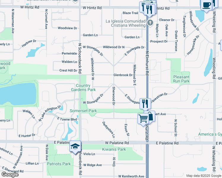 map of restaurants, bars, coffee shops, grocery stores, and more near 17 West Stonegate Drive in Prospect Heights
