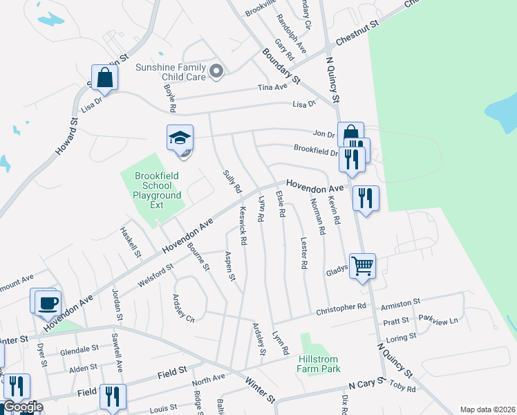 map of restaurants, bars, coffee shops, grocery stores, and more near 208 Lynn Road in Brockton