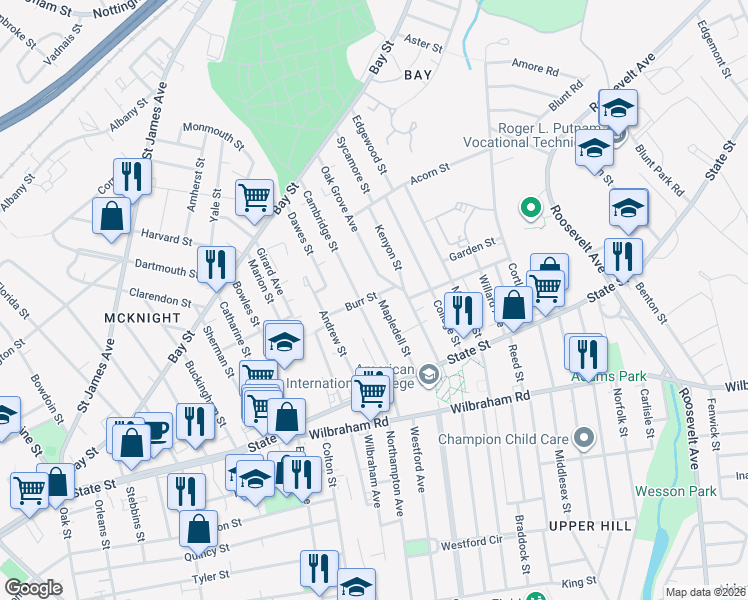 map of restaurants, bars, coffee shops, grocery stores, and more near 57 Mapledell Street in Springfield