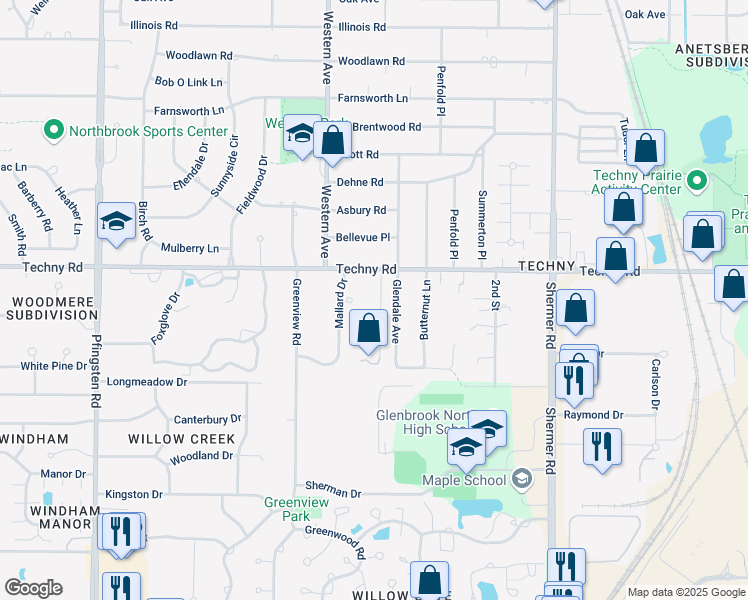map of restaurants, bars, coffee shops, grocery stores, and more near 2060 Cargill Drive in Northbrook