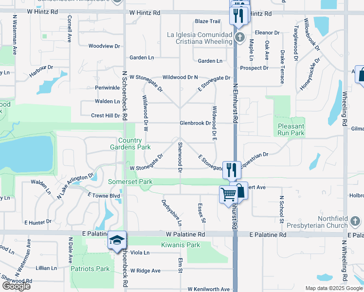 map of restaurants, bars, coffee shops, grocery stores, and more near 907 Sherwood Drive in Prospect Heights