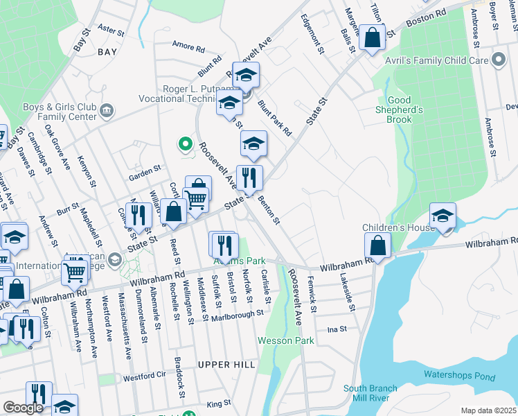 map of restaurants, bars, coffee shops, grocery stores, and more near 18 Benton Street in Springfield