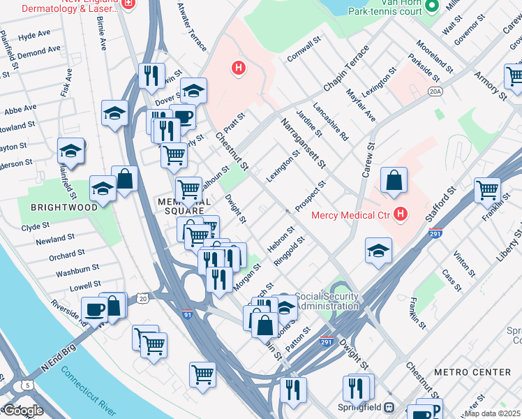 map of restaurants, bars, coffee shops, grocery stores, and more near 38 Brookline Avenue in Springfield