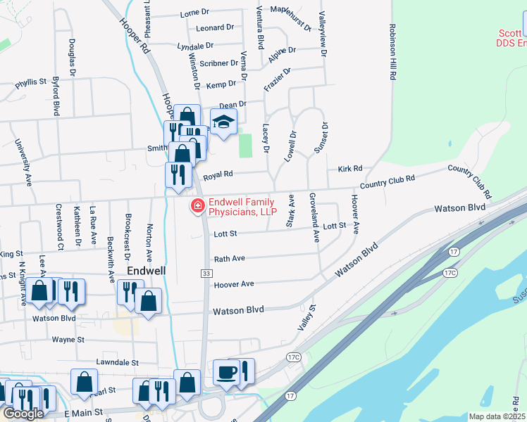 map of restaurants, bars, coffee shops, grocery stores, and more near 409 Corey Ave in Endicott