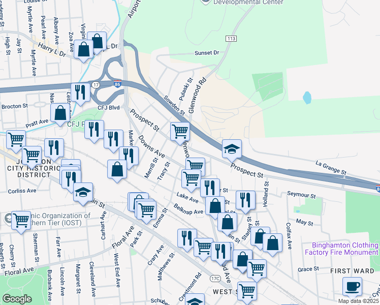 map of restaurants, bars, coffee shops, grocery stores, and more near 112 Glenwood Avenue in Binghamton