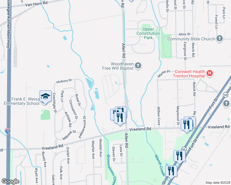 map of restaurants, bars, coffee shops, grocery stores, and more near 26695 Kirkway Circle in Woodhaven