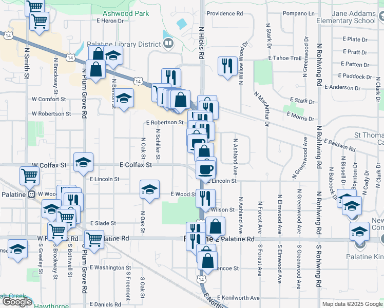 map of restaurants, bars, coffee shops, grocery stores, and more near 253 North Schubert Street in Palatine