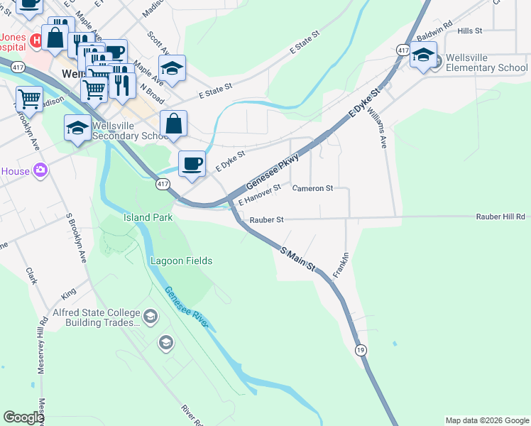 map of restaurants, bars, coffee shops, grocery stores, and more near 49 Rauber Street in Wellsville