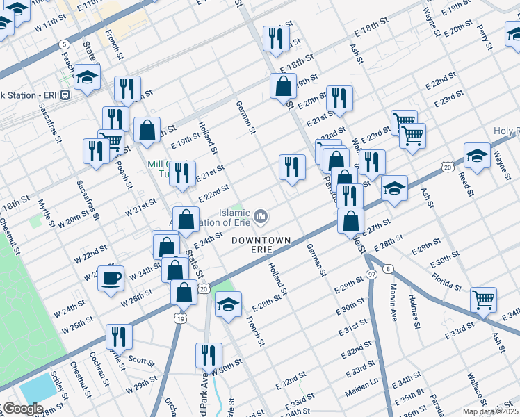 map of restaurants, bars, coffee shops, grocery stores, and more near 228 East 24th Street in Erie