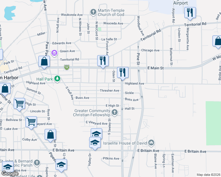 map of restaurants, bars, coffee shops, grocery stores, and more near 811 Thresher Avenue in Benton Harbor