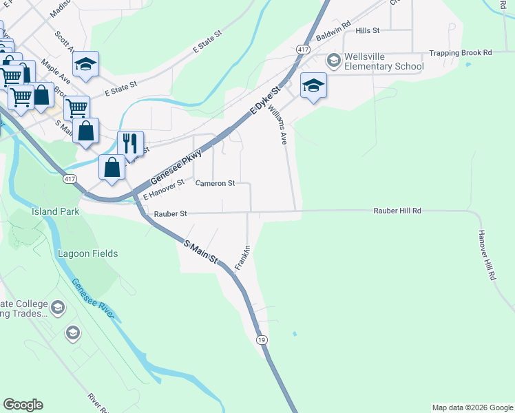 map of restaurants, bars, coffee shops, grocery stores, and more near 177 Rauber Street in Wellsville
