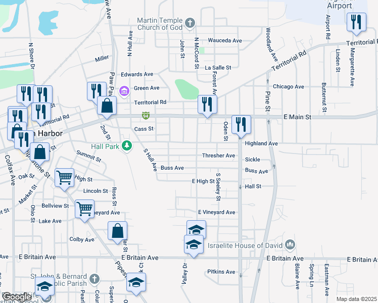 map of restaurants, bars, coffee shops, grocery stores, and more near 689 Thresher Avenue in Benton Harbor