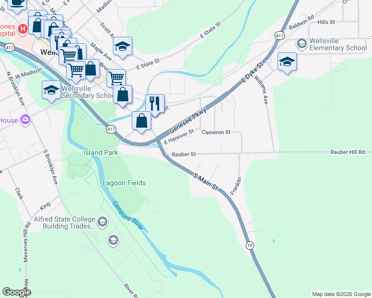 map of restaurants, bars, coffee shops, grocery stores, and more near 49 Rauber Street in Wellsville