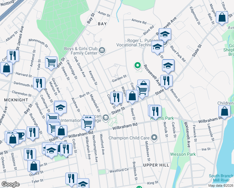 map of restaurants, bars, coffee shops, grocery stores, and more near 55 Maynard Street in Springfield