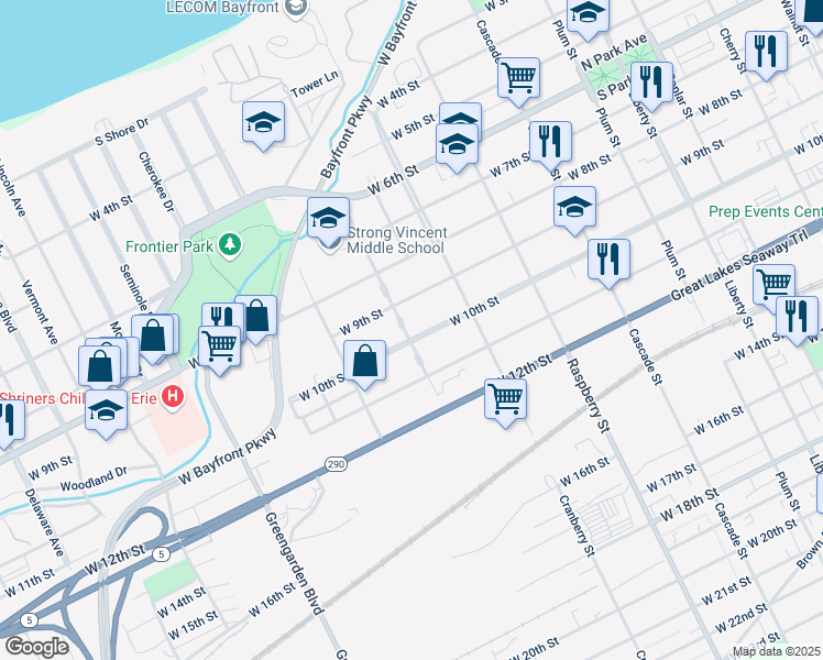map of restaurants, bars, coffee shops, grocery stores, and more near 1262 West 10th Street in Erie
