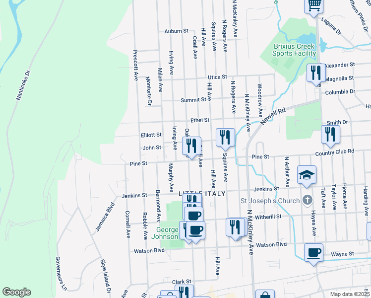 map of restaurants, bars, coffee shops, grocery stores, and more near 409 Oak Hill Avenue in Endicott