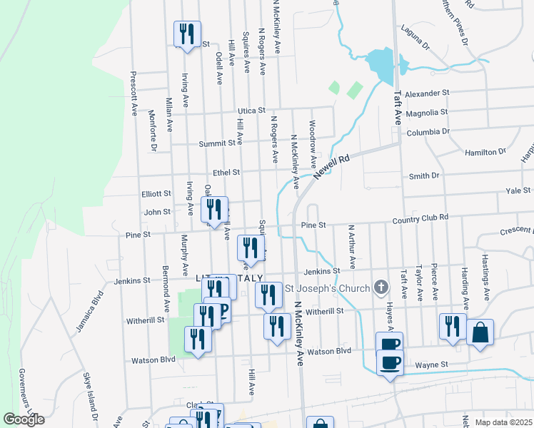 map of restaurants, bars, coffee shops, grocery stores, and more near 406 Squires Avenue in Endicott