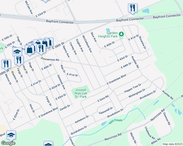 map of restaurants, bars, coffee shops, grocery stores, and more near 4310 English Avenue in Erie