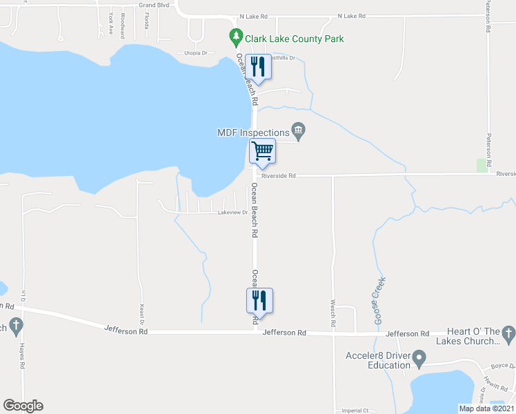 map of restaurants, bars, coffee shops, grocery stores, and more near 10635 Ocean Beach Road in Clarklake