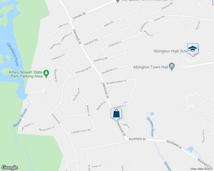 map of restaurants, bars, coffee shops, grocery stores, and more near 11 Broadmeadow Lane in Abington